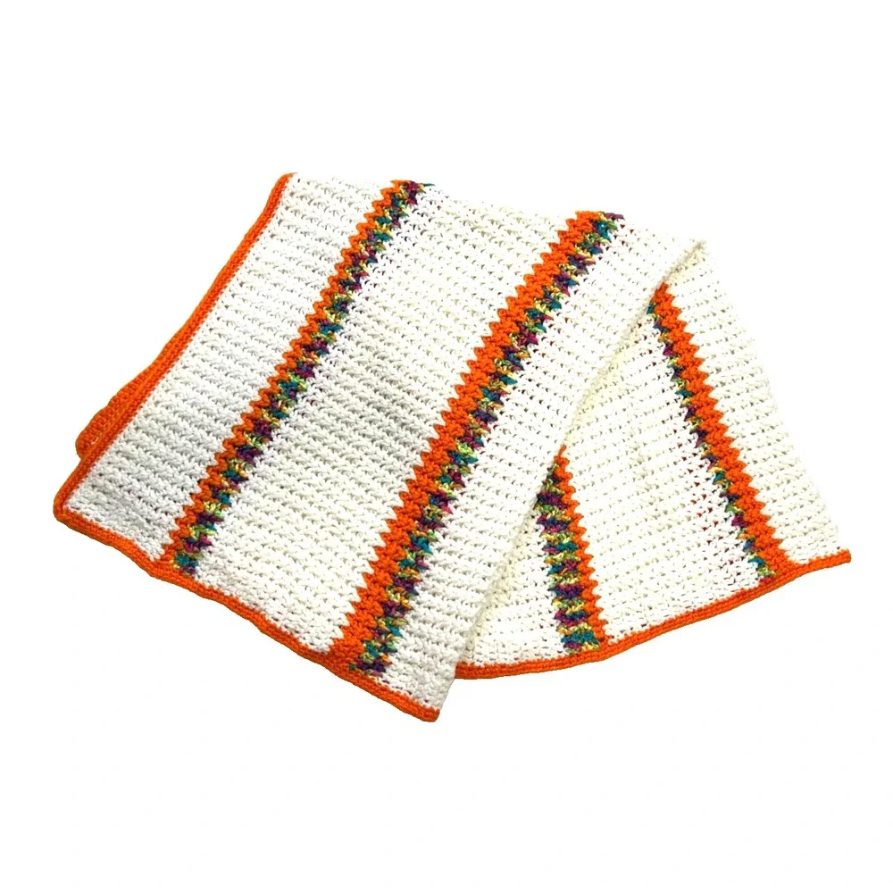 Handmade Crochet Baby Blanket Striped Orange White Variegated Afghan 38x36 EUC